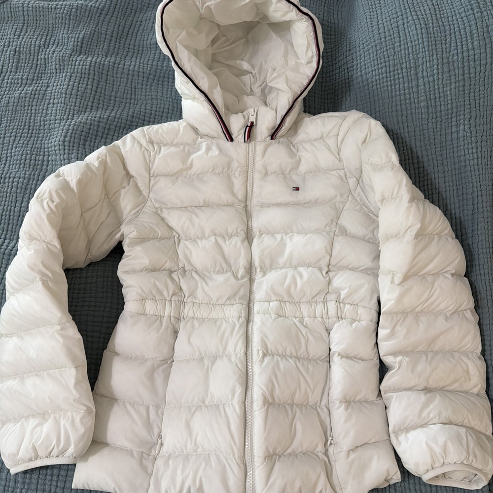 TOMMY Kids' Hooded Lightweight White Puffer Jacket Cinched Waist Girls Sz XL
